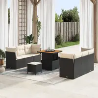Set de canapele pentru gradina Gossi cu perne negru poli ratan acacia, set de dining pentru gradina Gossi cu perne negru poli ratan acacia