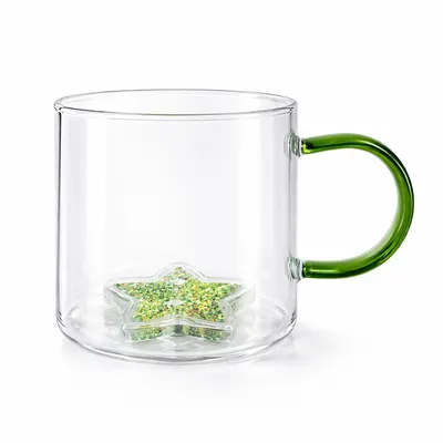 Cană cu model 3D steluță verde, pereți dubli, sticlă borosilicată și inserție de sclipici, 300 ml, Aurora Glow