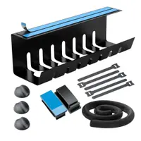 Organizator de cabluri sub birou NewEvo, metal robust, potrivit pentru majoritatea birourilor, cu banda autoadeziva, cleme autoadezive, fara gaurire,