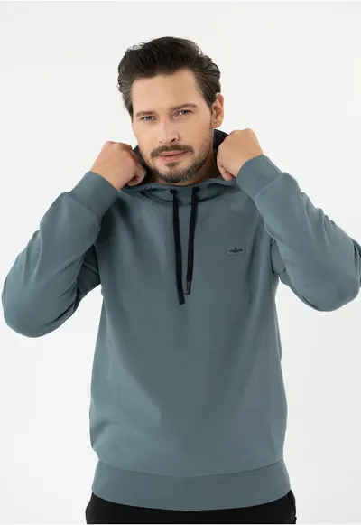 Hanorac cu gluga din bumbac - buzunar pe umar - Regular Fit - uni - mansete - B-Almi - Albastru denim