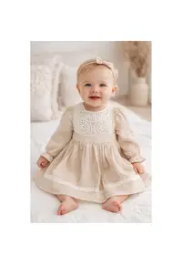 Rochita bebe fetite eleganta bej cu dantela maneca lunga din muselina