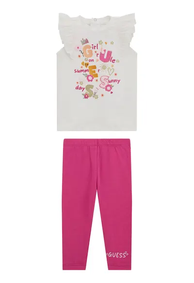 Set de colanti cu model uni si tricou cu model - 2 Piese - Alb/Roz
