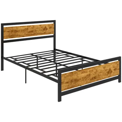 HOMCOM Cadru de Pat Single din Lemn și Oțel 140x200cm, Sipci, Tetieră Stil Industrial, Negru/Maro Rustic | Aosom Romania