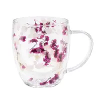 Cană cu inserție de flori uscate roz, hortensie si limonium, pereți dubli, sticlă borosilicată, 350 ml, Aurora Bloom