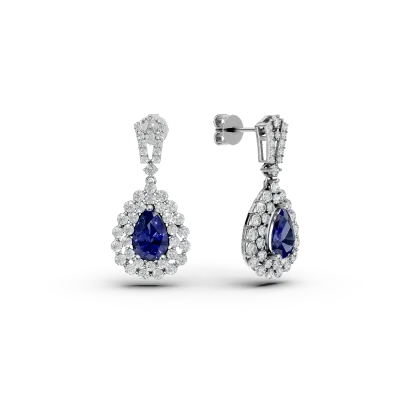 Cercei lacrima din aur alb cu safire ovale de 2.04ct si diamante round de 1.3ct