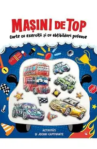 Carte cu exercitii si cu abtibilduri pufoase. Masini de top