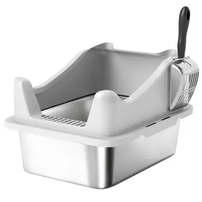 PawHut Litieră din oțel inoxidabil, toaletă pentru pisici, margini înalte, curățare ușoară, 43,1x33,2x25,4cm, gri | Aosom Romania