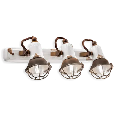 Applique 3 Luci Con Gabbia / Wall Lamp Retro Loft Finish Vib - Vintage Bianco C1677-1