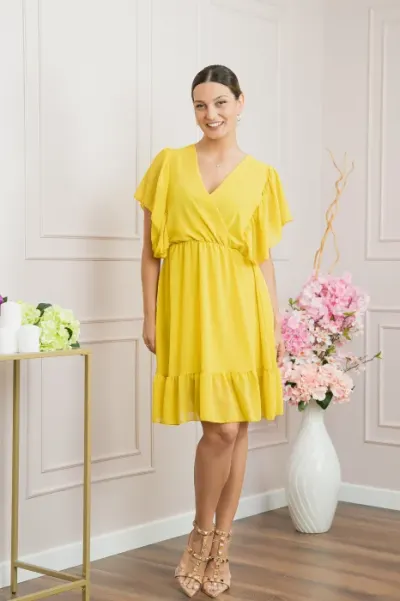 Rochie galbena cu volane si maneci fluture