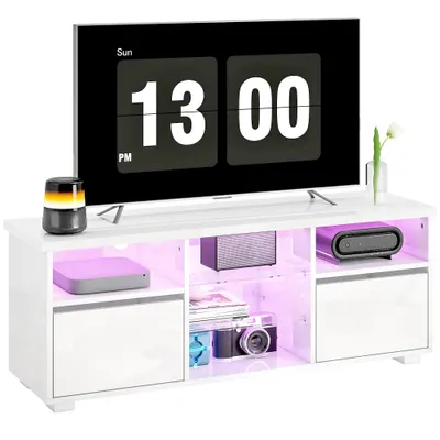 HOMCOM Suport TV 120 cm, suport televizor pentru televizoare de până la 55 inch cu iluminare LED și telecomandă, rafturi din sticlă alb | Aosom Romania