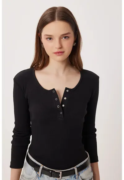 Bluza dama - Happiness Istanbul - Negru - Slim fit - Guler in U