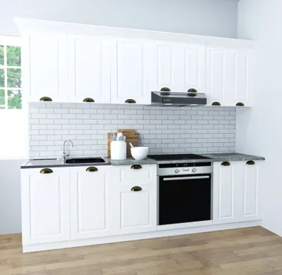 Set bucatarie SQUARE 240 cm, 8 corpuri, corp cuptor, blat termorezistent, fronturi MDF, alb rustic