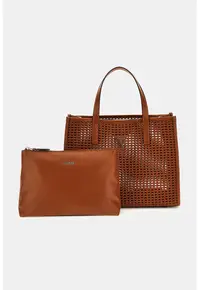 Set de geanta shoppe si etui cu aspect tesut Brigitta - Portocaliu stins