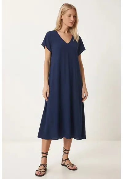 Rochie Midi - Happiness Istanbul - A-line - Albastru Marin - Viscoza cu Elastan