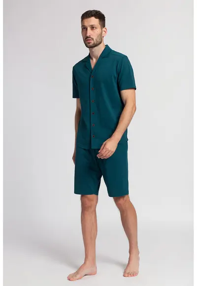 Pijama de bumbac cu pantaloni scurti Vlad - Albastru petrol