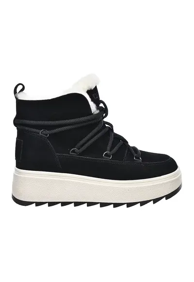 Ghete wedge de piele intoarsa - Alb fildes/Negru