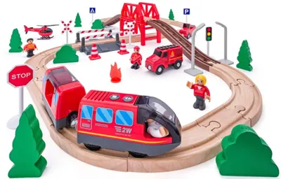 Set din lemn Woodyland - Tren cu șine, operațiune de salvare, 60 buc