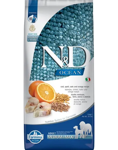 FARMINA N&D Ocean Dog Adult Medium&Maxi hrana uscata caini adulti talie medie/mare, cod, portocala, ovaz 12 kg