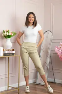 Pantaloni dama 3 4 Jenny bej cu talie elastica si fermoare decorative
