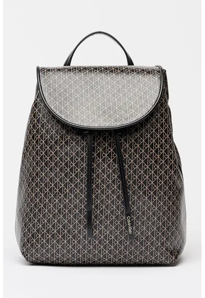 Rucsac de piele ecologica cu model monograma - Negru/Maro taupe deschis