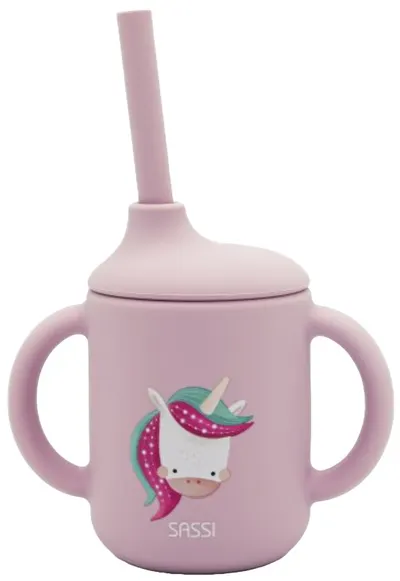 Cană din silicon cu paie Sassi - Sparkly The Unicorn, roz