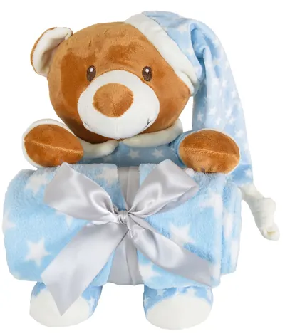 Pătură pentru copii cu jucărie moale Cangaroo - Addie Bear, 90 х 75 cm, albastru