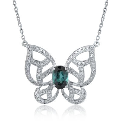 Colier cu fluture din aur alb cu turmalina verde ovala de 1.12ct si diamante de 0.54ct