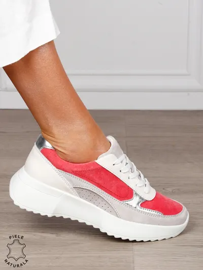 Pantofi sport damă din piele naturală și piele naturală întoarsă, multicolor CRL1564 ROZ
