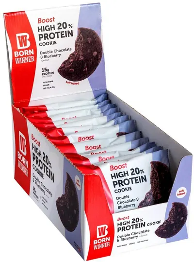 Boost Protein Cookie, ciocolată dublă și afine, 12 bucăți, Born Winner