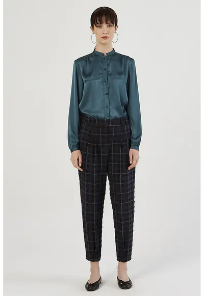Pantaloni cu buzunare laterale si model in carouri - Rosu/Verde inchis/Albastru ultramarin