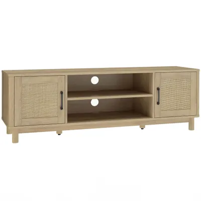 HOMCOM Comodă TV 135 cm, mobilier TV pentru televizor până la 165,1 cm cu 2 uși din ratan, 2 compartimente deschise, stejar | Aosom Romania