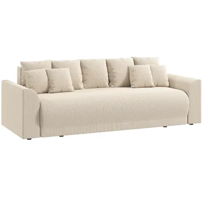 HOMCOM Canapea extensibilă 190x150cm, sofa 3 locuri cu funcție de dormit, perne, spațiu de depozitare, aspect corduroy pentru living, Bej | Aosom Romania