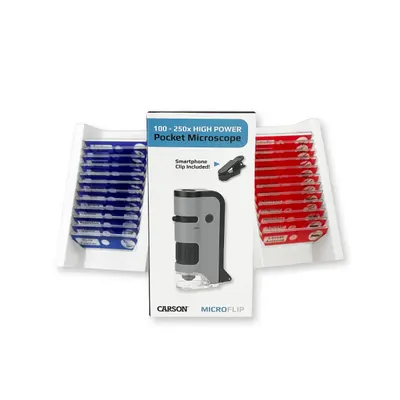 Microscop portabil cu LED si UV, Carson, cu adaptor de smartphone, 24 de lamele pregatite, marire 100-250x, MicroFlip