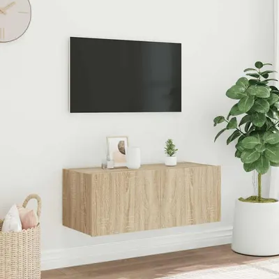 vidaXL Comodă TV de perete cu lumini LED, stejar sonoma, 80x35x31 cm