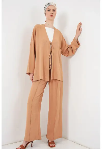 Compleu din doua piese - cardigan lung cu decolteu in V - pantaloni - Maro