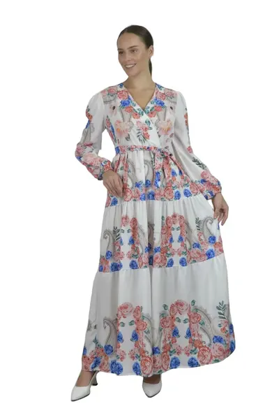 Rochie Maxi - Floral - Alb - Poliester cu Lycra
