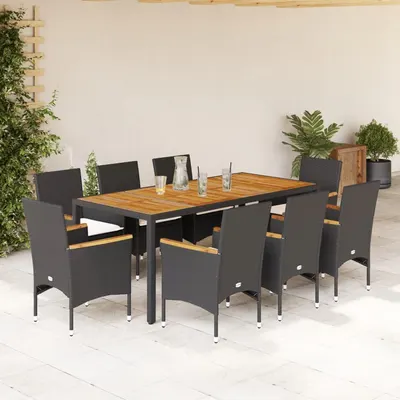 vidaXL Set mobilier grădină perne 9 piese negru poliratan/lemn acacia