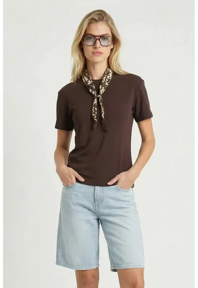 Tricou dama - Happiness Istanbul - simplu - culoare maro - poliester si elastan