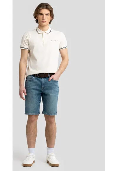 Pantaloni bermude denim indigo - croiala normala - 5 buzunare - detalii stone wash