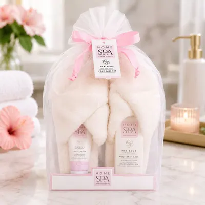 Set îngrijire picioare HOME SPA, Accentra, Loțiune, Sare de baie și Papuci pufoși, Hibiscus & Unt de Shea, mărime unică 40-41
