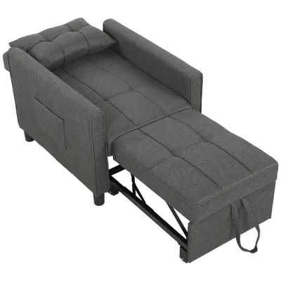 HOMCOM Fotoliu Pat Single 3 în 1 din Material Textil Tip In și Lemn cu Spătar Reclinabil, Pernă, Buzunare, Gri | Aosom Romania