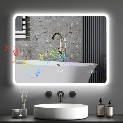 HOMCOM Oglindă de Baie cu Lumină LED 80x60 cm cu Bluetooth 3 Culori de Lumină Funcție Antiabur Funcție de Memorie IP44 | Aosom Romania