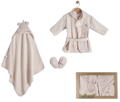 Set de baie din bumbac pentru copii Bebessi – Naturel, prosop și halat, 80 cm