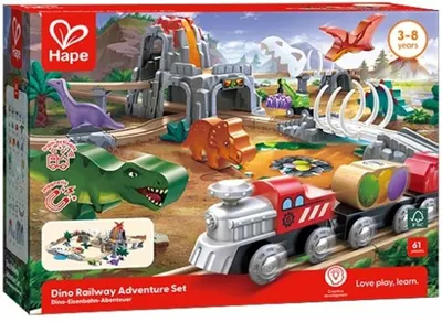 Set din lemn cu figurine Hape International - Dinozauri, 61 de părți