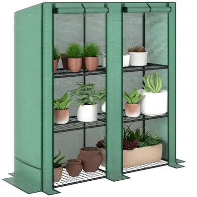 Outsunny Sera de grădină cu rafturi metalice la 3 nivele sera de balcon acoperire PE acoperiș înclinat 144 x 48 x 152 cm verde | Aosom Romania