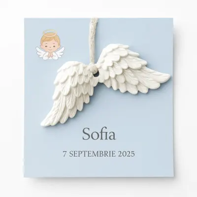 Mărturie personalizată botez – aripi de înger din ceramică, odorizant 9×3,5 cm - Cu sticluță parfum 3 ml