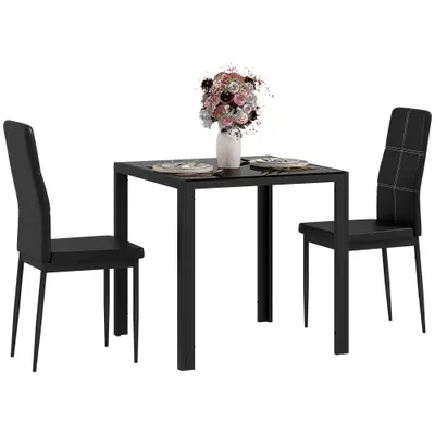 HOMCOM Set masă și scaune pentru 2 persoane, blat rectangular din sticlă, pentru bucătărie living acasă, negru | Aosom Romania