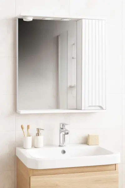 Dulap baie suspendat seria 033 cu oglinda, front MDF, montat, alb, 60x71 cm
