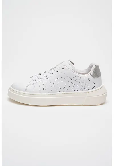 Pantofi sport de piele cu logo - Alb/Argintiu