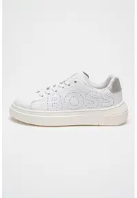 Pantofi sport de piele cu logo - Alb/Argintiu